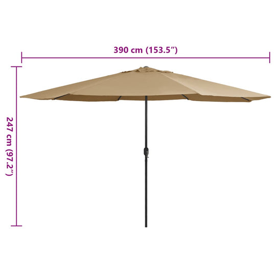 Outdoor taupe parasol with a metal pole, providing shade and UV protection, dimensions 390 cm x 247 cm. Ideal for outdoor furniture.