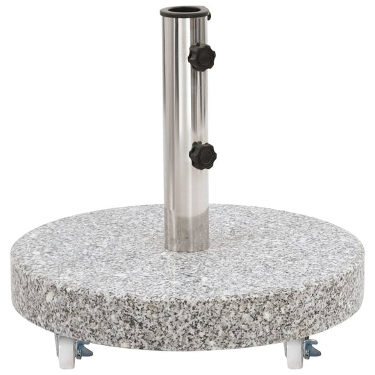 Round grey granite parasol base, 30 kg, sturdy umbrella holder with locking bolts for outdoor furniture stability.