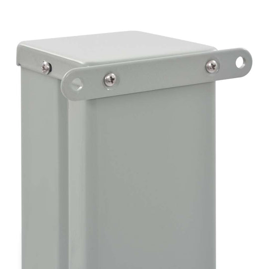 Close-up of sturdy steel base for patio retractable side awning, featuring grey finish and secure mounting brackets.