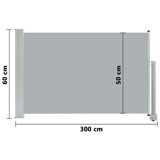 Dimensioned image of a grey patio retractable side awning, measuring 60x300 cm, designed for outdoor privacy and comfort.