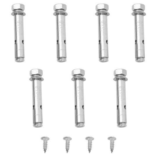 Set of eight stainless steel expansion bolts with screws for durable outdoor furniture installation.