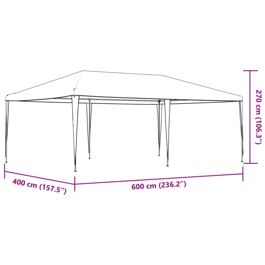 Dimensions of a 4x6 m white party tent, suitable for outdoor furniture and gatherings, showing height and width measurements.