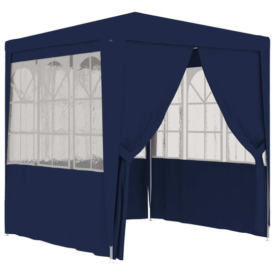 Professional blue party tent with side walls, ideal for outdoor events and gatherings, featuring water-resistant material.