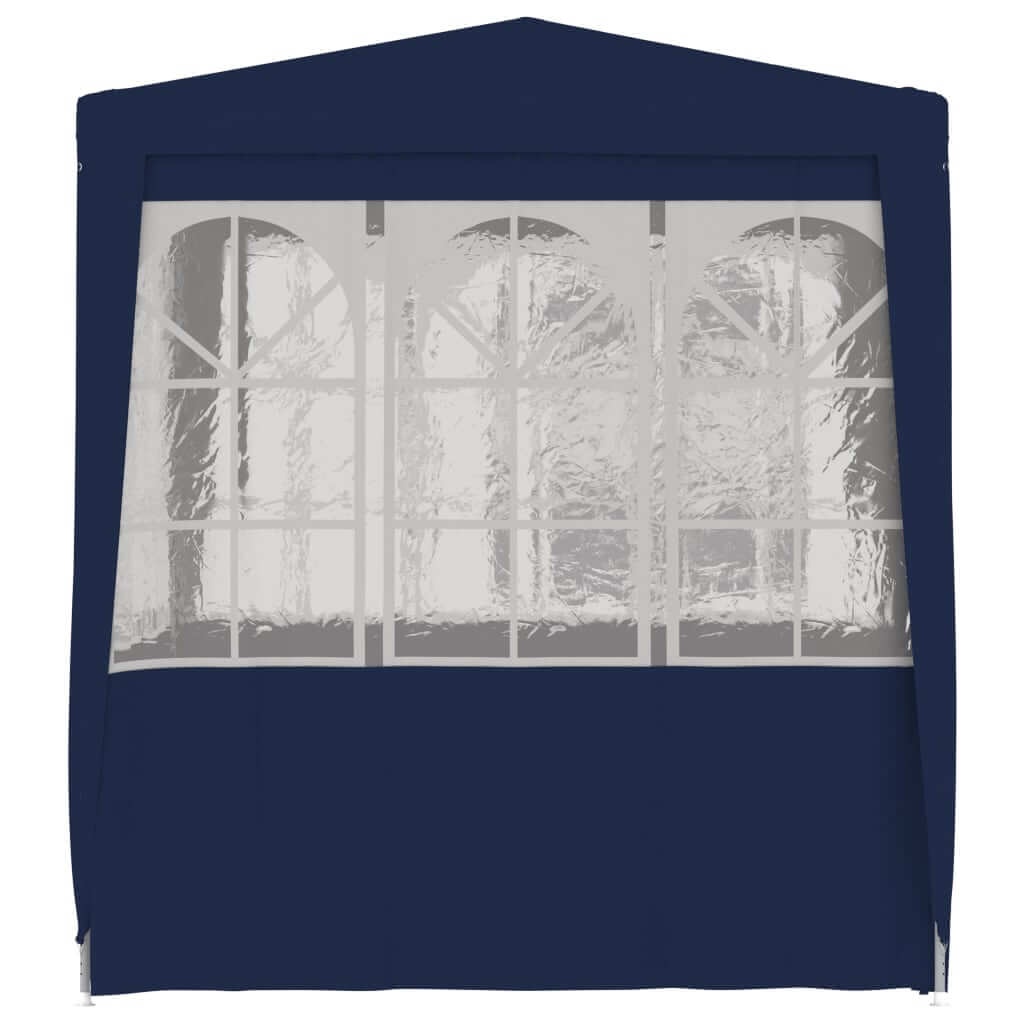 Professional blue party tent with side walls and clear windows for outdoor gatherings and events.