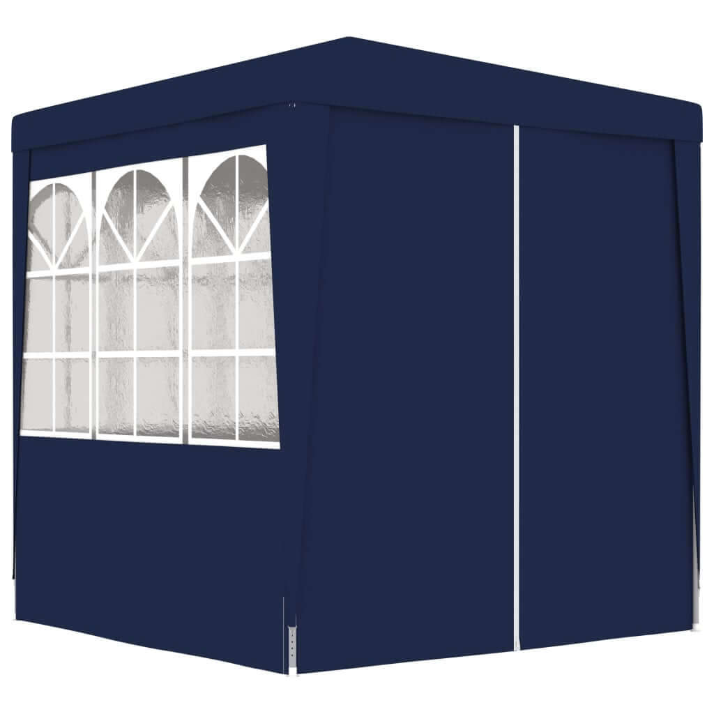 Professional blue party tent with side walls and windows, ideal for outdoor furniture gatherings and events.