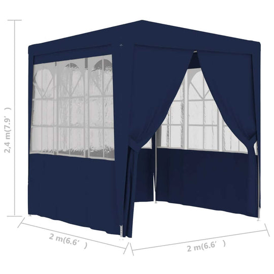 Professional blue party tent with side walls, dimensions 2x2 m, UV and water-resistant for outdoor use.