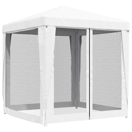 White party tent with mesh sidewalls, ideal for outdoor events and protection against insects. 2x2 m heavy-duty design.