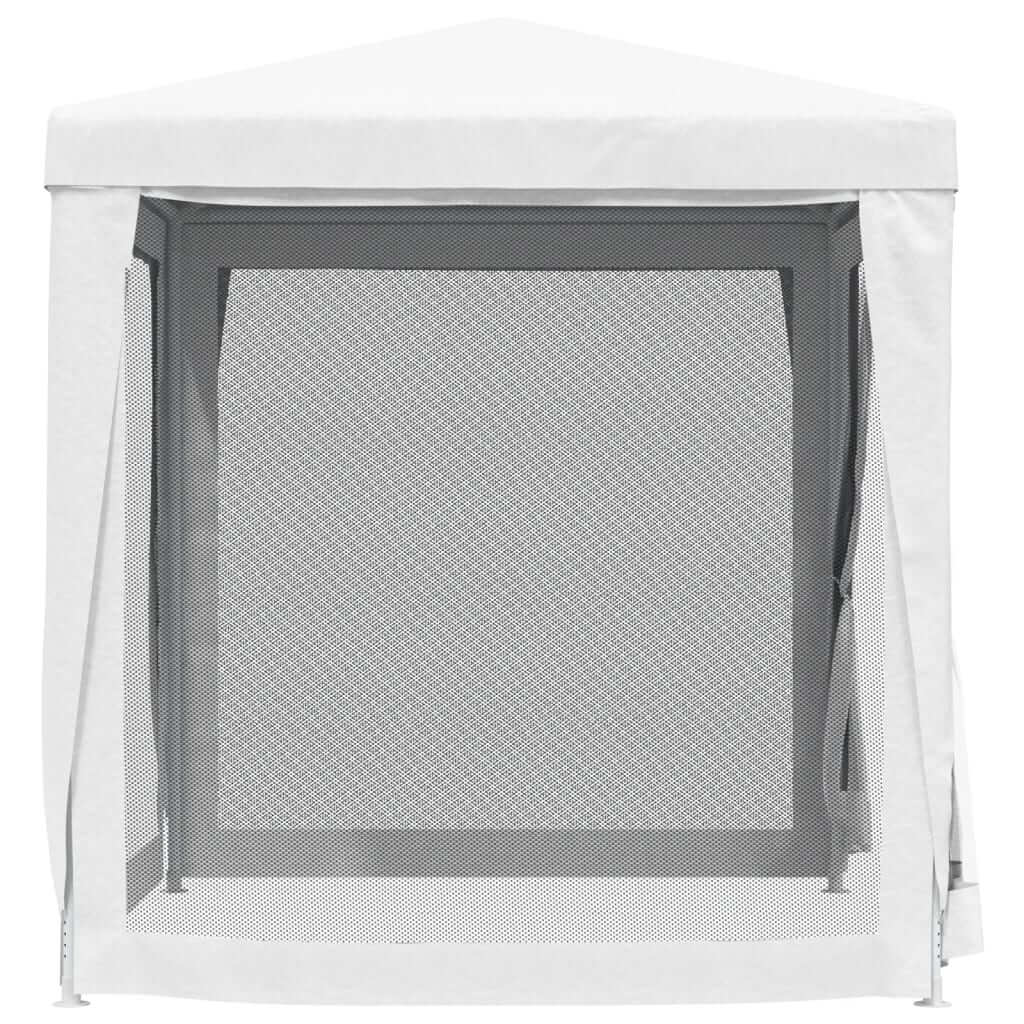 White party tent with 4 mesh sidewalls, ideal for outdoor events, providing insect protection and open visibility.