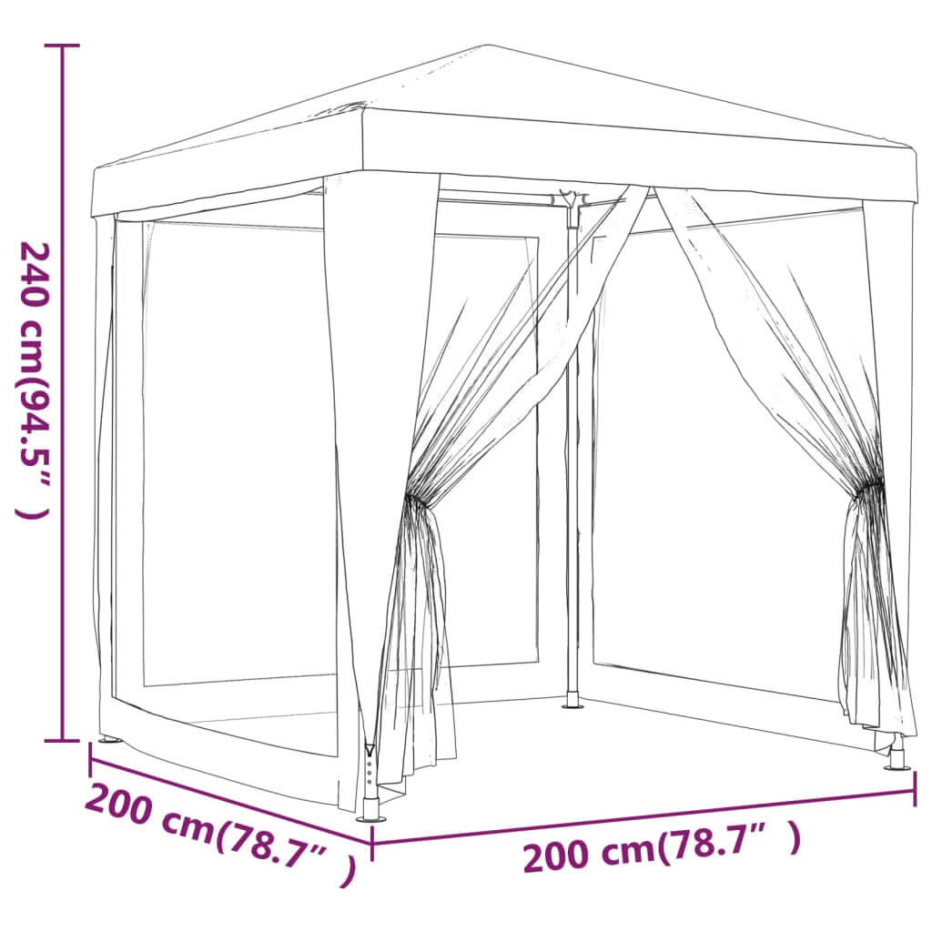 Diagram of a 2x2 m party tent with mesh sidewalls, dimensions shown in cm and inches, perfect for outdoor events.