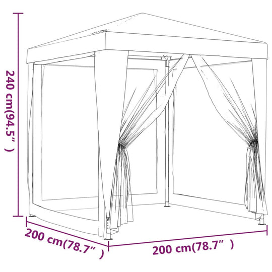 Diagram of a 2x2 m party tent with mesh sidewalls, dimensions shown in cm and inches, perfect for outdoor events.