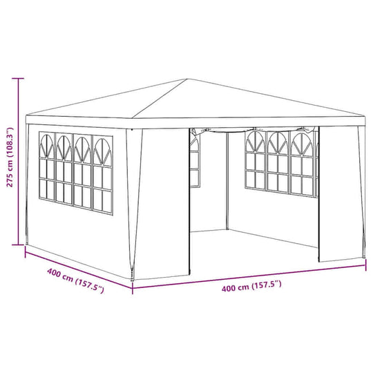 Line drawing of Professional Party Tent with Side Walls 4x4 m 90 g/m?, highlighting dimensions and side walls.