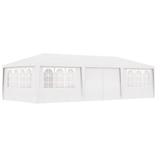 Professional white party tent with side walls and windows, ideal for outdoor events and gatherings.