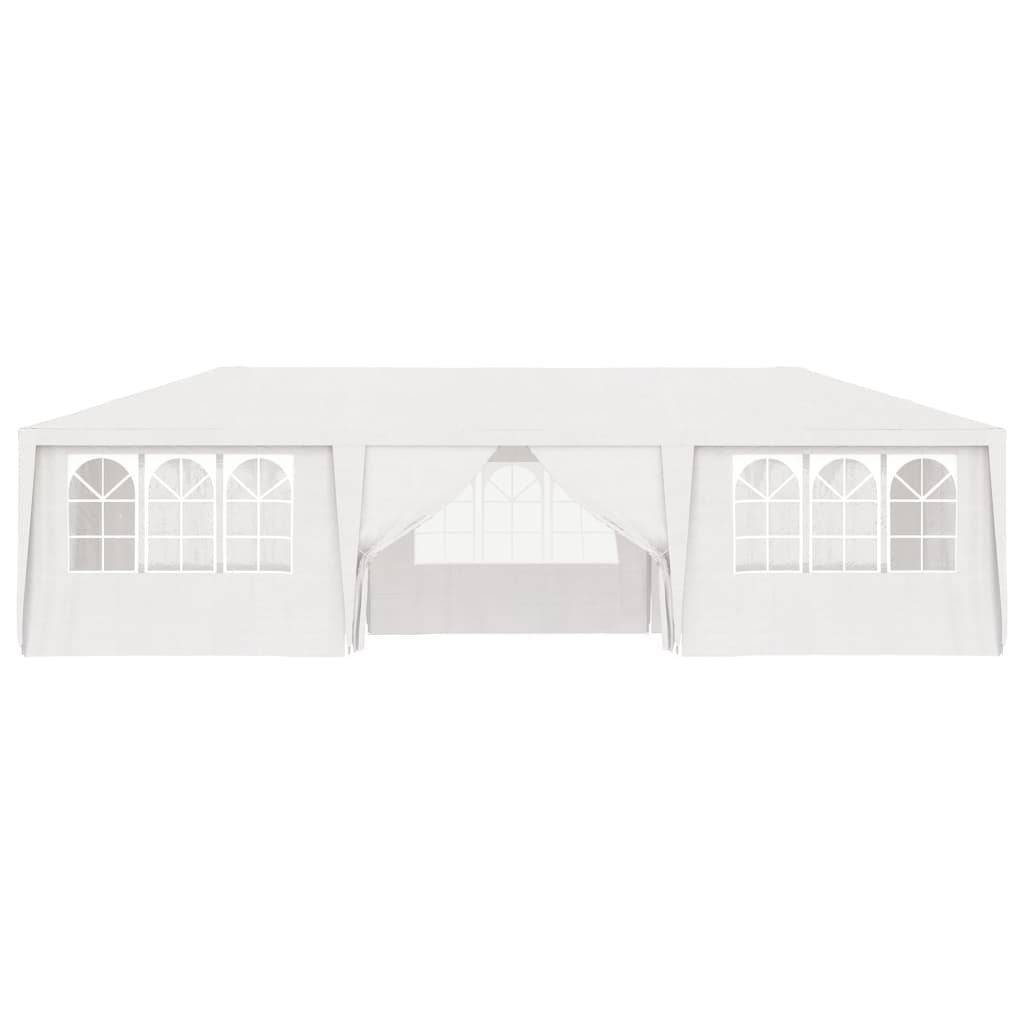 Professional white party tent with side walls and windows, suitable for outdoor events and gatherings.