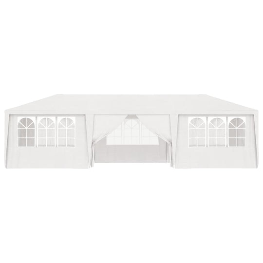 Professional white party tent with side walls and windows, suitable for outdoor events and gatherings.