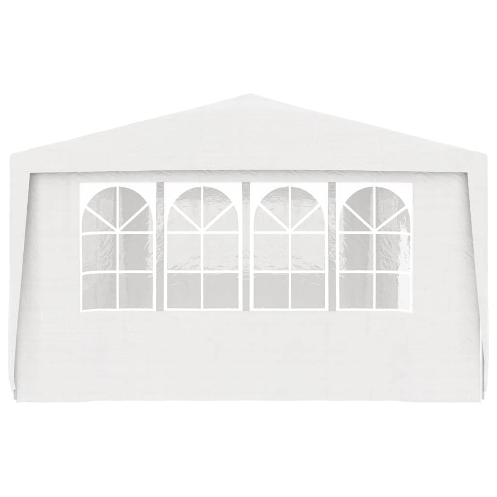 Professional white party tent with side walls and large arched windows, ideal for outdoor gatherings and events.