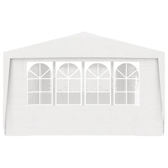 Professional white party tent with side walls and large arched windows, ideal for outdoor gatherings and events.