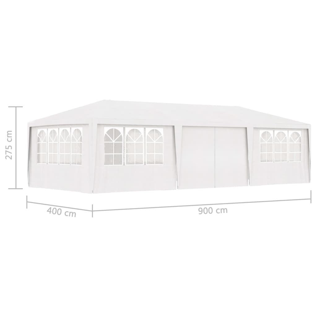 Professional white party tent with dimensions 4x9m, featuring side walls and windows, ideal for outdoor events.