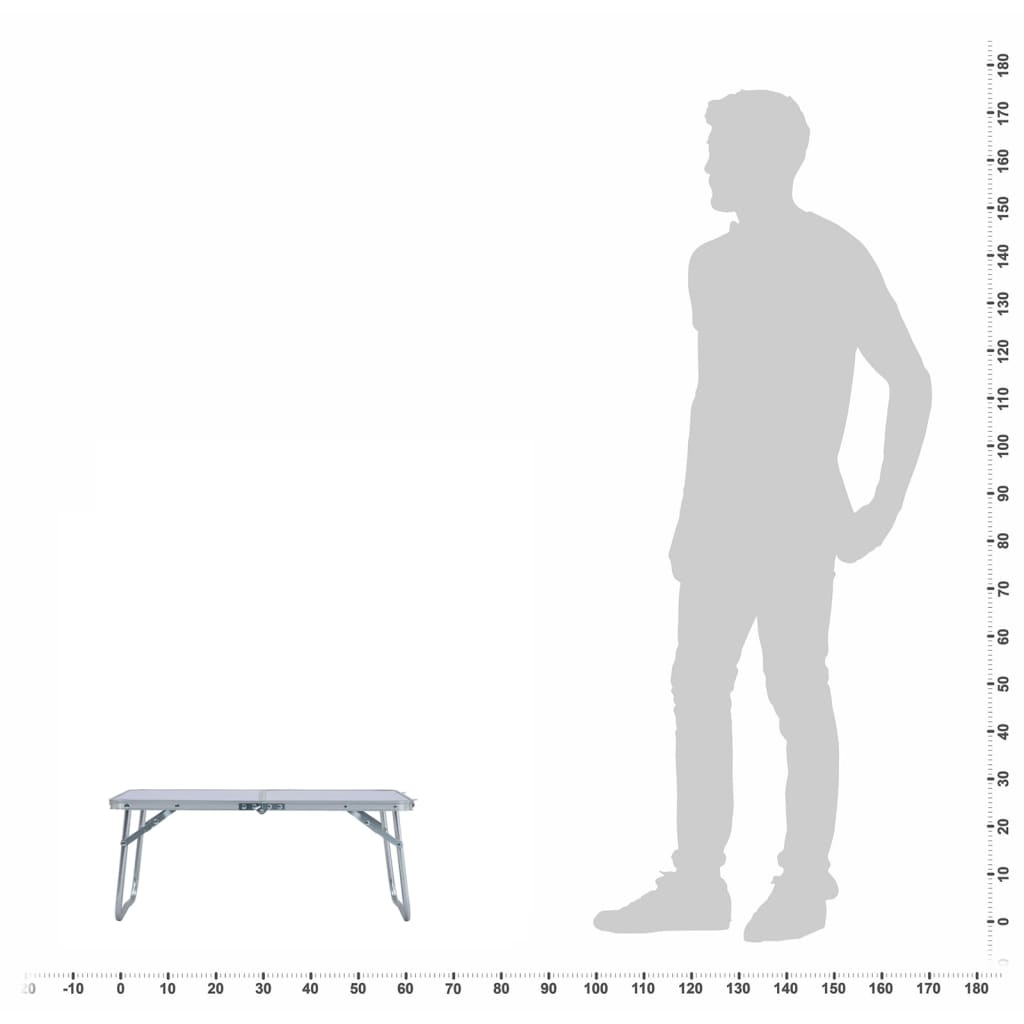Folding Camping Table  Aluminium 60x40 cm next to a person silhouette for size reference.