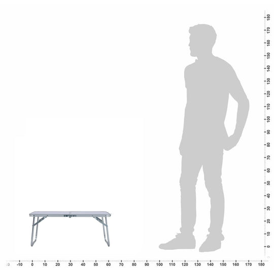 Folding Camping Table  Aluminium 60x40 cm next to a person silhouette for size reference.