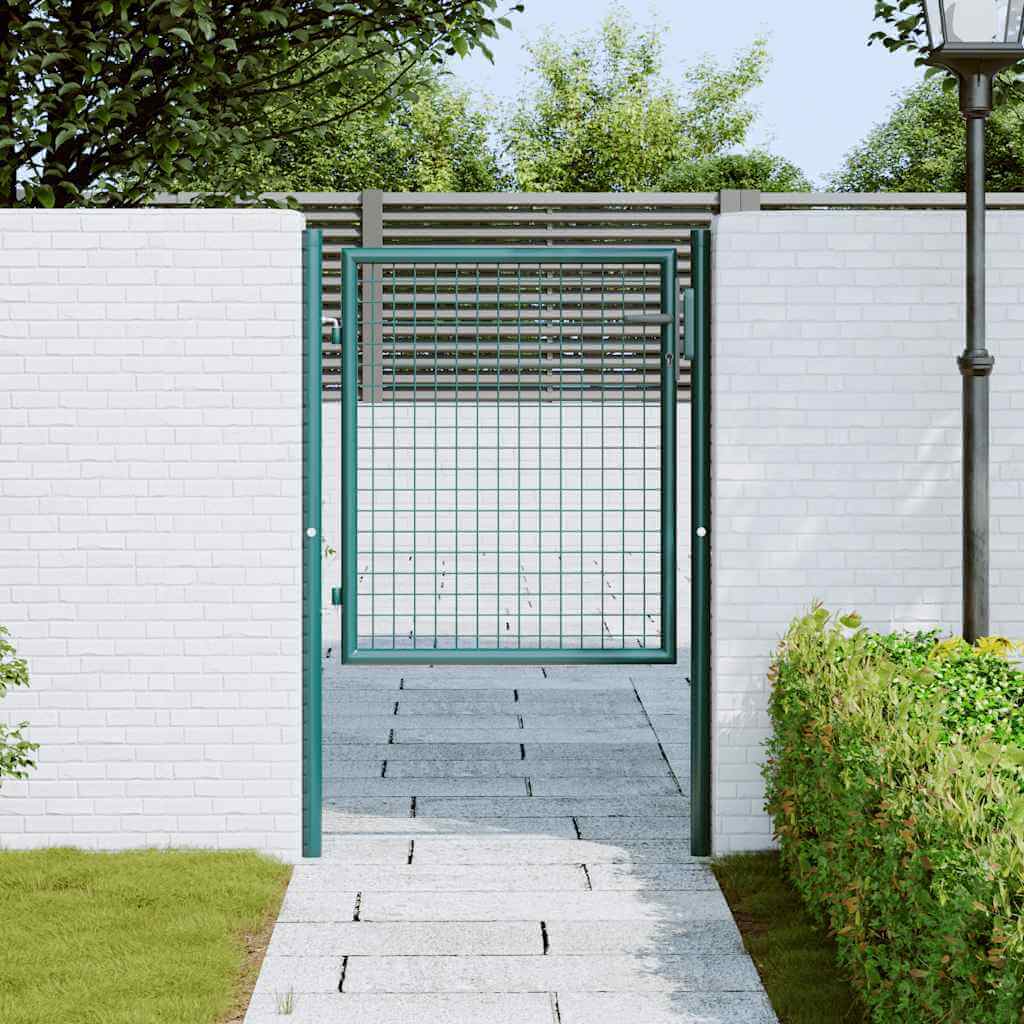 Green steel fence gate 100x75 cm provides an elegant entry to a garden, surrounded by greenery and a brick wall.