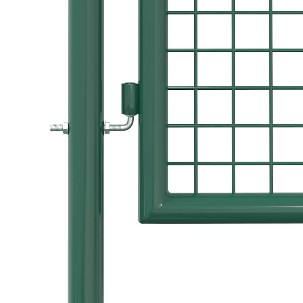 Close-up of green steel fence gate with grid design and bolt hinge for secure installation. Durable and rust-resistant.