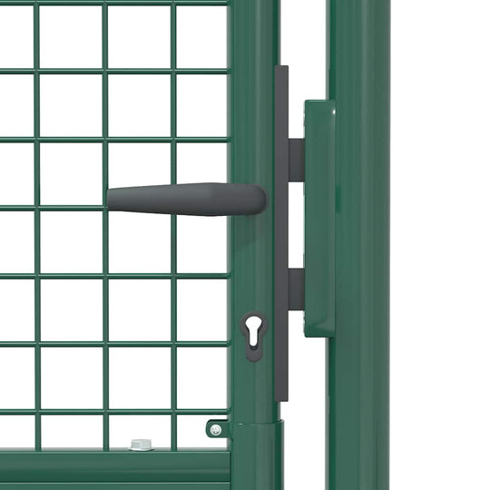 Close-up of a green steel fence gate with grid design, featuring a secure locking mechanism and sturdy handle.