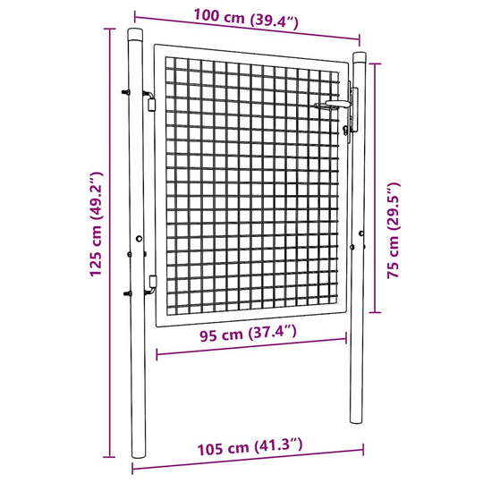 Dimensions of a green steel fence gate, measuring 100x75 cm, showcasing its sturdy design and construction details.