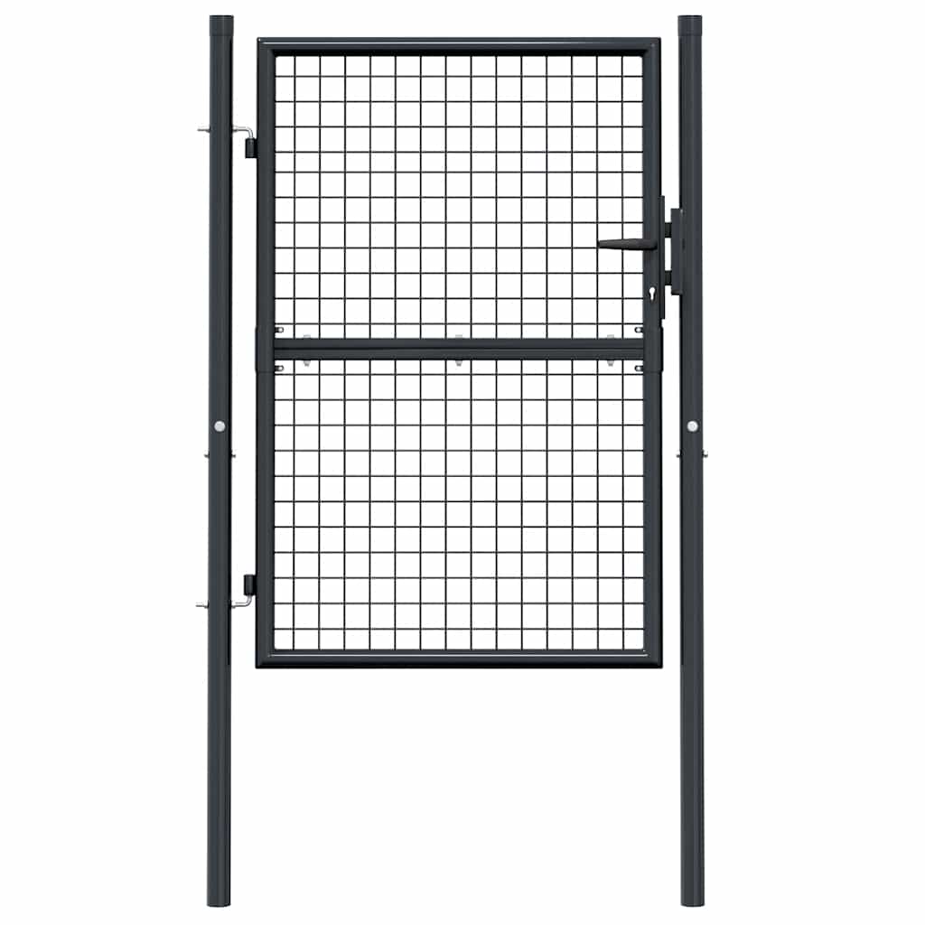 Mesh garden gate in grey, galvanised steel construction, perfect for outdoor furniture and modern entryways.