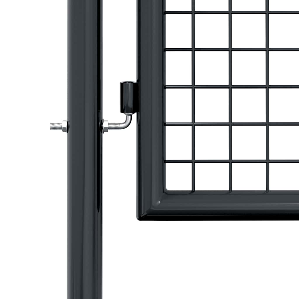 Close-up of the mesh garden gate's bolt hinge and frame in grey, showcasing durability and easy installation features.