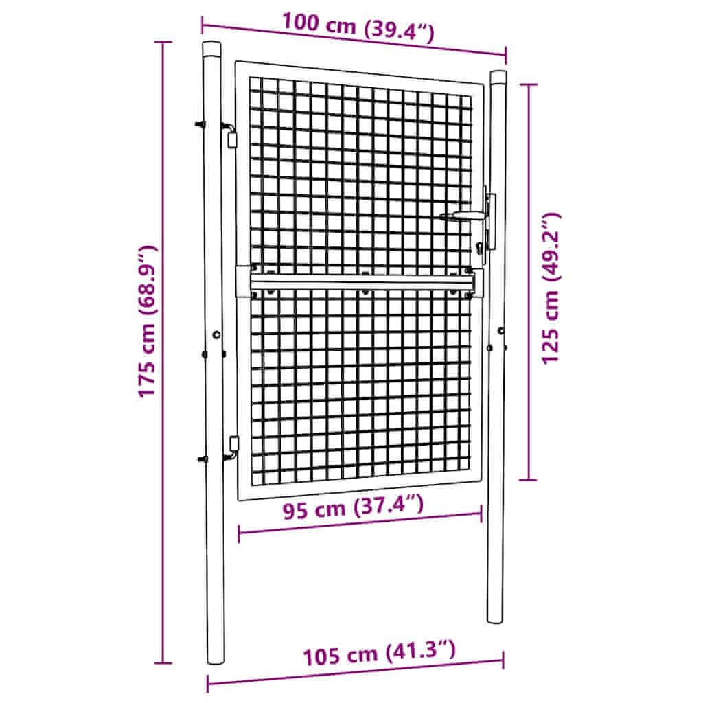 Dimensions of a grey mesh garden gate made of galvanised steel, measuring 100x175 cm, perfect for outdoor entryways.