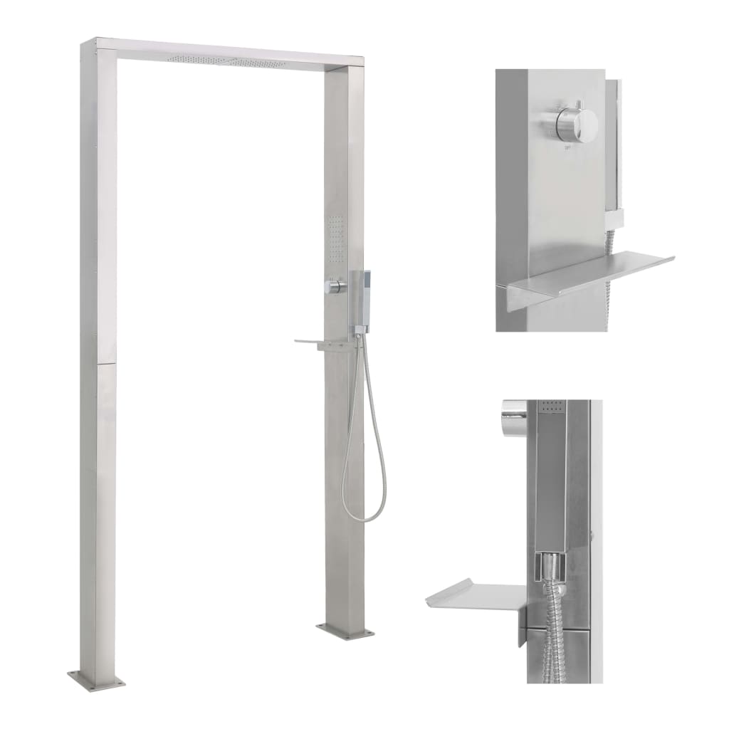 Stainless steel outdoor shower with double jets and sleek design, perfect for poolside and outdoor furniture.