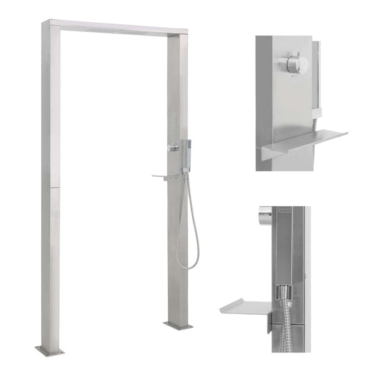 Stainless steel outdoor shower with double jets and sleek design, perfect for poolside and outdoor furniture.