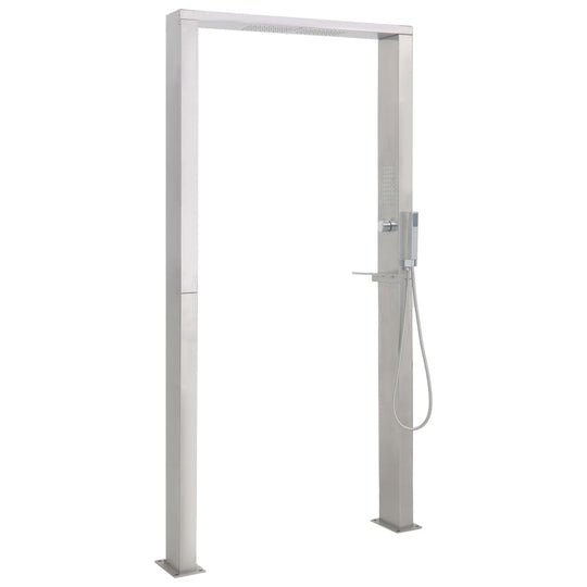 Stylish outdoor shower panel in stainless steel with double jets, ideal for enhancing outdoor furniture and living spaces.