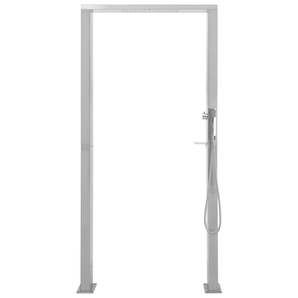 Stylish outdoor shower panel with stainless steel finish and double jets for modern patio or poolside furniture.