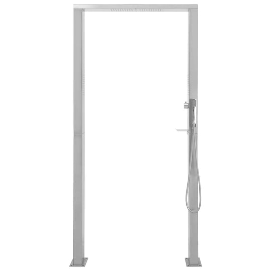 Stylish outdoor shower panel with stainless steel finish and double jets for modern patio or poolside furniture.