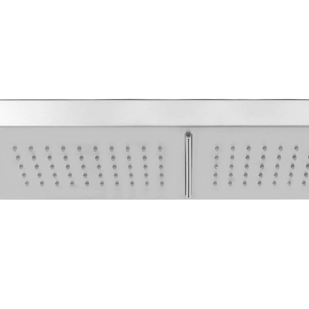 Stylish outdoor shower panel with double jets in brushed stainless steel, ideal for poolside and outdoor living spaces.