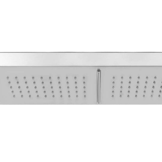 Stylish outdoor shower panel with double jets in brushed stainless steel, ideal for poolside and outdoor living spaces.