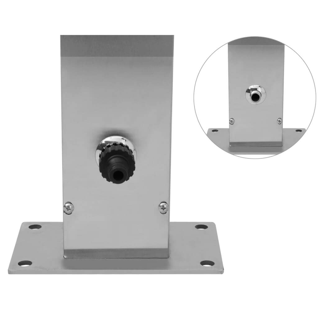 Stainless steel outdoor shower panel base with adjustable connection for installation in outdoor living spaces.