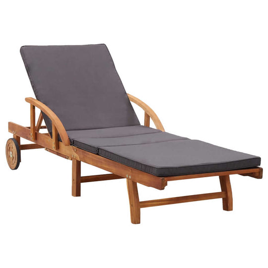 Sun Lounger with Cushion – Solid Acacia Wood Outdoor Chair featuring a slatted design and comfortable gray cushions.