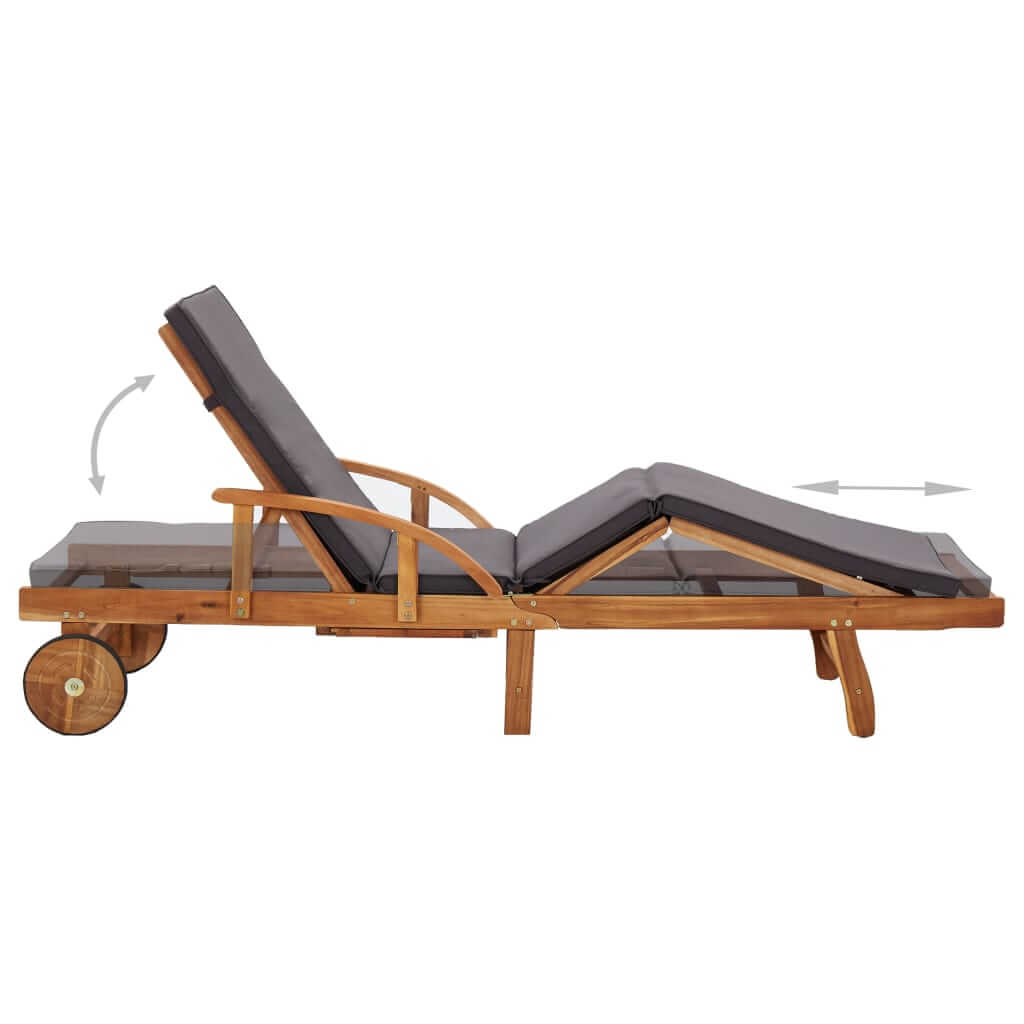 Sun Lounger with Cushion – Solid Acacia Wood Outdoor Chair showcasing adjustable backrest and wheels for easy movement.