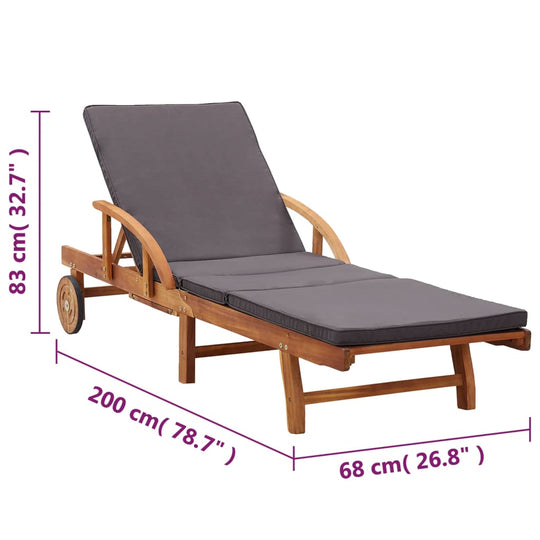 Sun Lounger with Cushion – Solid Acacia Wood Outdoor Chair with dimensions, grey cushion on a wooden frame.