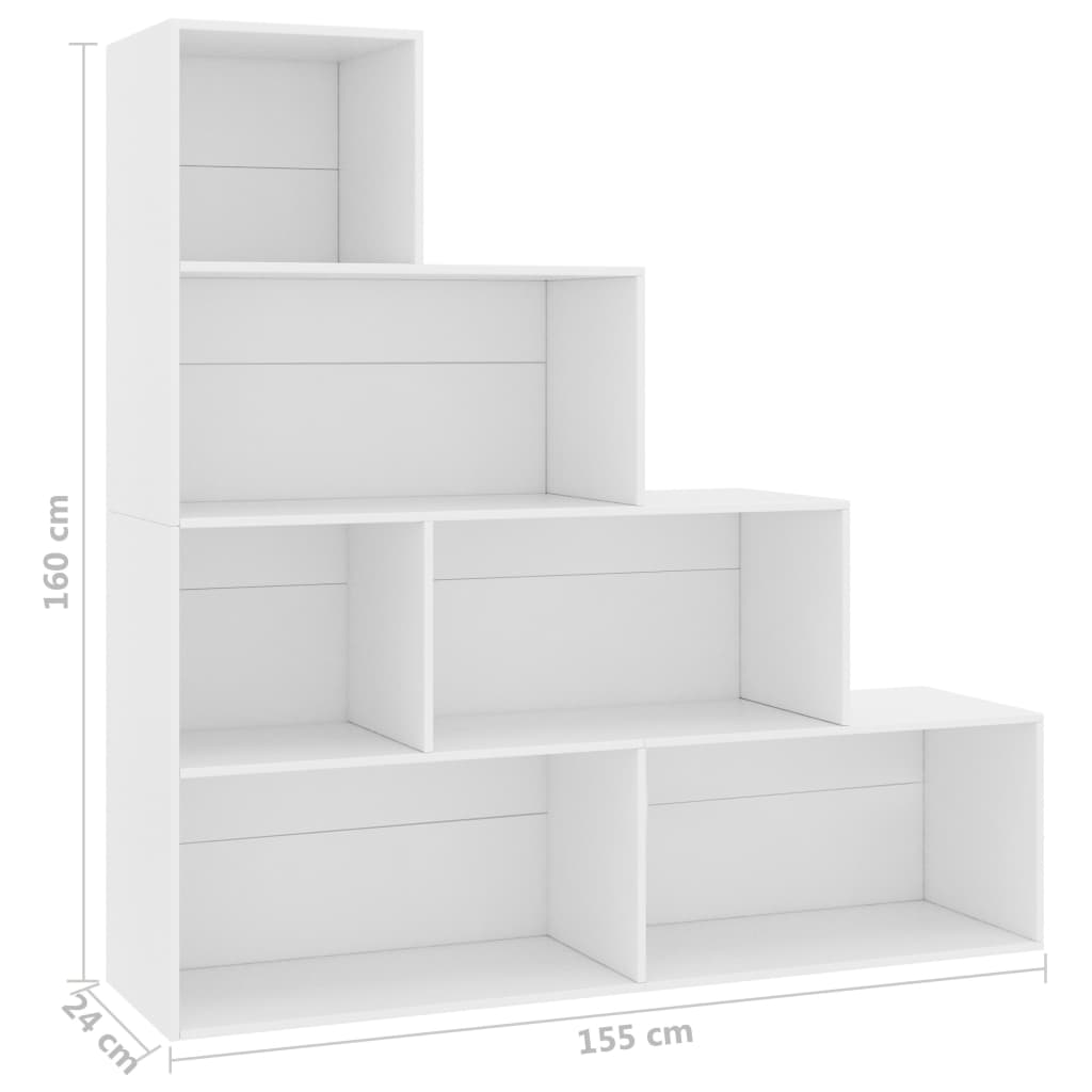 White book cabinet room divider with 6 open shelves, dimensions 155x24x160 cm, made of engineered wood.