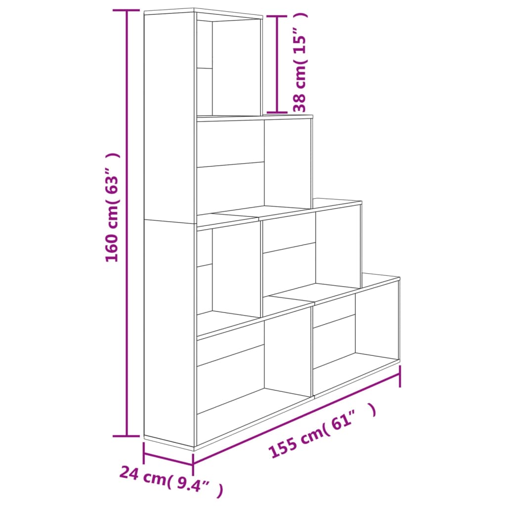 Dimensions of a Sonoma Oak book cabinet, showcasing 6 open shelves for versatile storage and decoration.