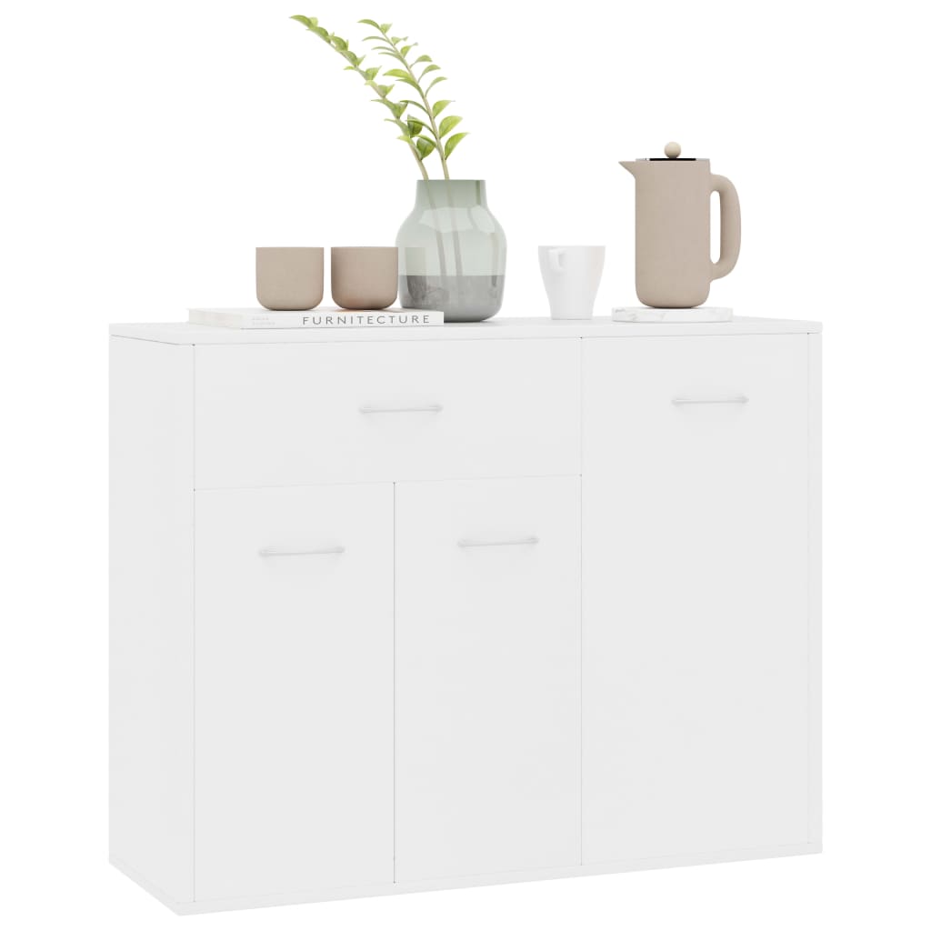 White sideboard made of engineered wood, featuring storage drawers and decorative items on top, 88x30x70 cm.