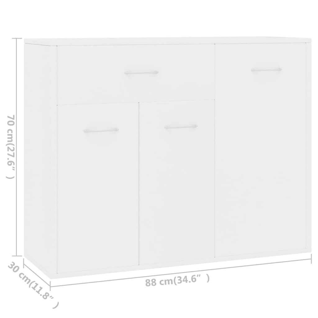 Minimalist white sideboard dimensions 88x30x70 cm, featuring 1 drawer and 3 doors for ample storage.