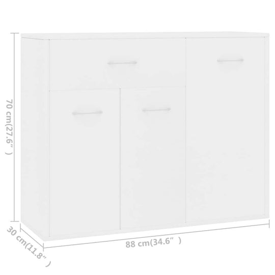 Minimalist white sideboard dimensions 88x30x70 cm, featuring 1 drawer and 3 doors for ample storage.