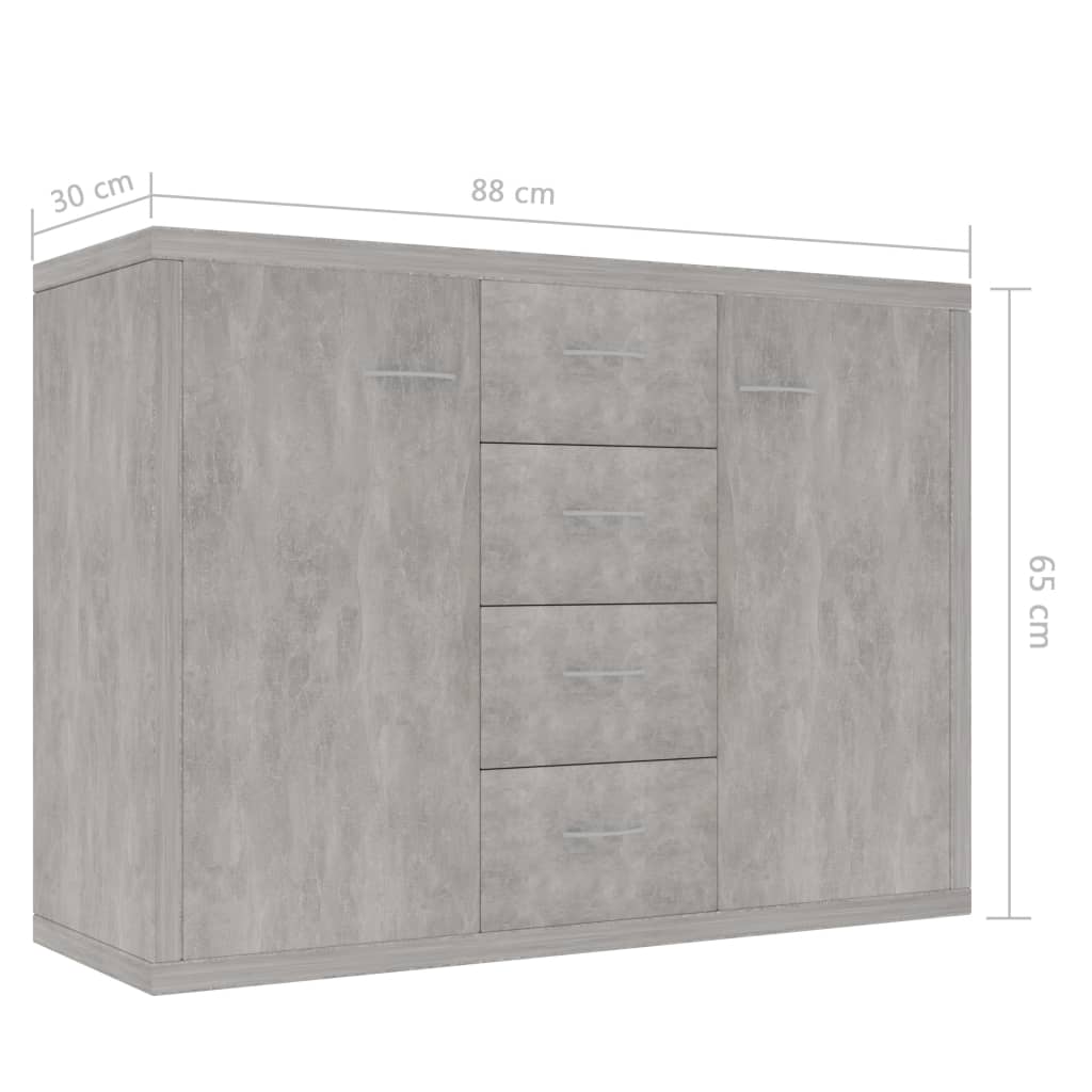 Sideboard in concrete grey, dimensions 88x30x65 cm, featuring 4 drawers and 2 doors for ample storage, minimalist design.