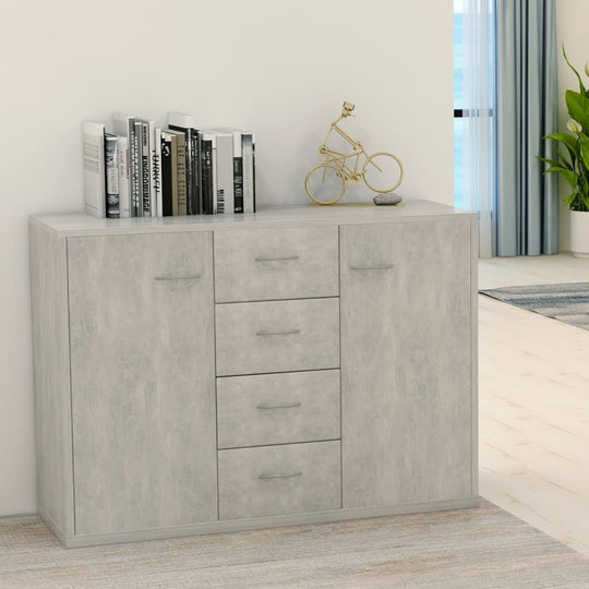 Minimalist concrete grey sideboard with four drawers and two doors, perfect for storage and decoration in modern furniture.