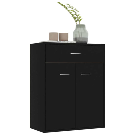 Minimalist black sideboard with two doors and a drawer, topped with decorative plants and items, ideal for home storage.