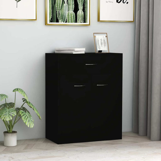 Minimalist black sideboard with two doors and a drawer, perfect for storage and decoration in modern furniture settings.